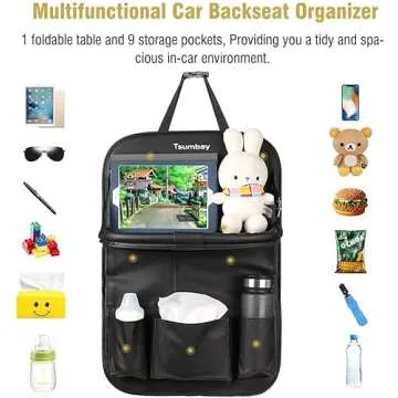 Tsumbay Car Backseat Organizer with Tablet Holder,9 Storage Pockets Foldable Table Tray Seat Back Protectors Kick Mats -PU Leather 1Pck