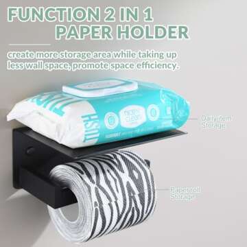 APLusee Toilet Paper Holder with Shelf Matte Black, 304 Stainless Steel Tissue Holder, Wall Mounted