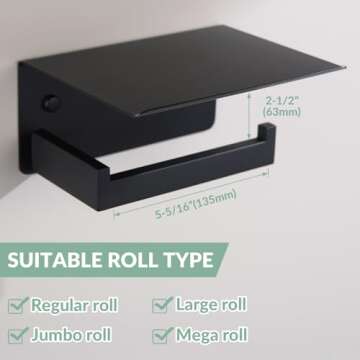 APLusee Toilet Paper Holder with Shelf Matte Black, 304 Stainless Steel Tissue Holder, Wall Mounted