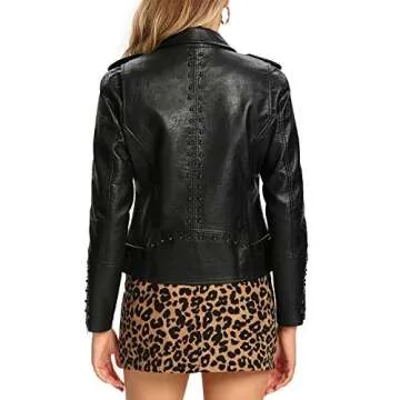 S P Y M Womens Faux Leather Jacket, Double Zip Up Coat, Moto Biker Outwear with Rivets, Regular and Plus Size