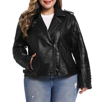 S P Y M Womens Faux Leather Jacket, Double Zip Up Coat, Moto Biker Outwear with Rivets, Regular and Plus Size