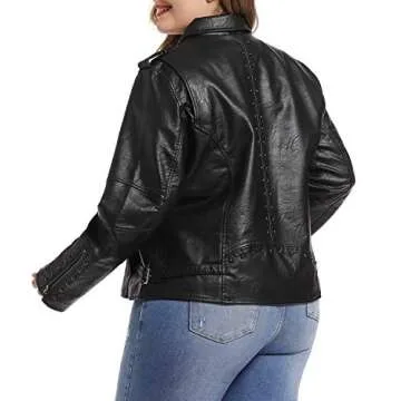 S P Y M Womens Faux Leather Jacket, Double Zip Up Coat, Moto Biker Outwear with Rivets, Regular and Plus Size