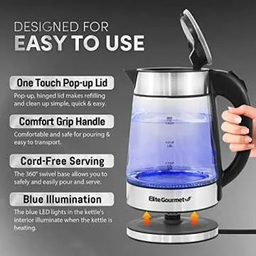Elite Gourmet EKT602X Glass Electric Tea Kettle Hot Water Heater Boiler BPA-Free with Blue LED Interior, Fast Boil and Auto Shut-Off, Strix Controller, 1.7L, Stainless Steel