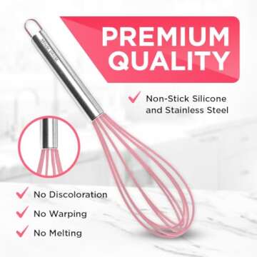 Silicone Whisk Set of 3 - Silicone Whisks for Cooking Non-Scratch - Silicone Whisk Set - Hand Whisk - Wisk - Metal Whisk - Small Whisk - Mini Whisk - Stainless Steel Whisk (Pink)
