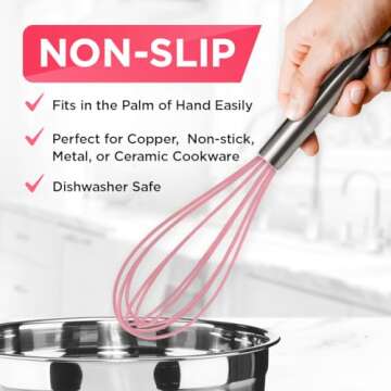 Silicone Whisk Set of 3 - Silicone Whisks for Cooking Non-Scratch - Silicone Whisk Set - Hand Whisk - Wisk - Metal Whisk - Small Whisk - Mini Whisk - Stainless Steel Whisk (Pink)