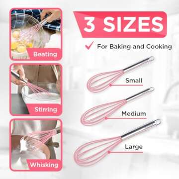 Silicone Whisk Set of 3 - Silicone Whisks for Cooking Non-Scratch - Silicone Whisk Set - Hand Whisk - Wisk - Metal Whisk - Small Whisk - Mini Whisk - Stainless Steel Whisk (Pink)
