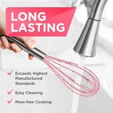 Silicone Whisk Set of 3 - Silicone Whisks for Cooking Non-Scratch - Silicone Whisk Set - Hand Whisk - Wisk - Metal Whisk - Small Whisk - Mini Whisk - Stainless Steel Whisk (Pink)