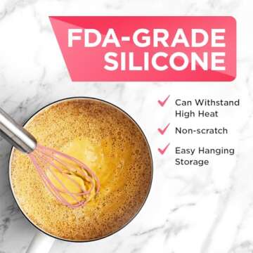 Silicone Whisk Set of 3 - Silicone Whisks for Cooking Non-Scratch - Silicone Whisk Set - Hand Whisk - Wisk - Metal Whisk - Small Whisk - Mini Whisk - Stainless Steel Whisk (Pink)