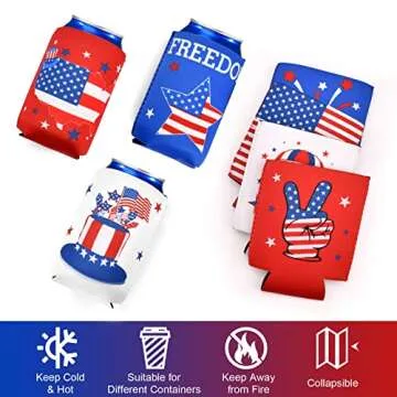 4th of July Decorations, 12 PCS Can Cooler Sleeves for Independence Day Accessories, Patriotic Party Favors, Collapsible Insulation Cover for Memorial Day Fourth of July Decorations Outdoor Indoor