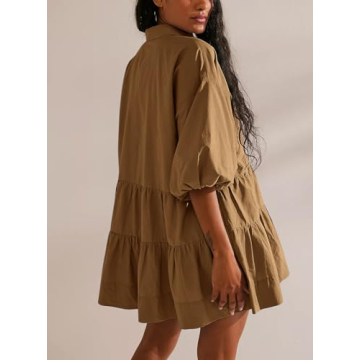 chouyatou Women's Summer Puff Sleeve Tiered Tunic Babydoll Dress Cute Mini Button Down Shirt Dress (Large, Dark Khaki)