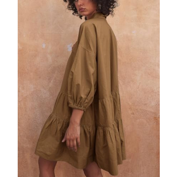 chouyatou Women's Summer Puff Sleeve Tiered Tunic Babydoll Dress Cute Mini Button Down Shirt Dress (Large, Dark Khaki)