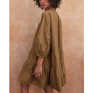 chouyatou Women's Summer Puff Sleeve Tiered Tunic Babydoll Dress Cute Mini Button Down Shirt Dress (Large, Dark Khaki)