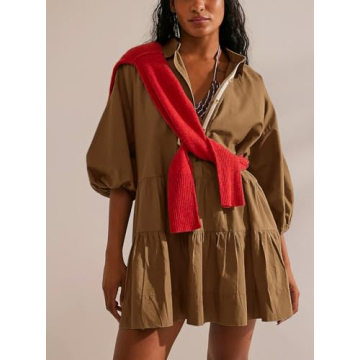 chouyatou Women's Summer Puff Sleeve Tiered Tunic Babydoll Dress Cute Mini Button Down Shirt Dress (Large, Dark Khaki)