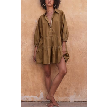 chouyatou Women's Summer Puff Sleeve Tiered Tunic Babydoll Dress Cute Mini Button Down Shirt Dress (Large, Dark Khaki)