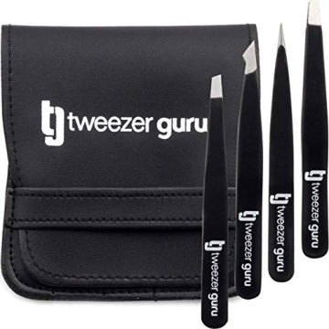 Tweezer Guru Eyebrow Tweezer Set (4-Piece) for Women & Men - Professional Slant and Pointed Tweezers...