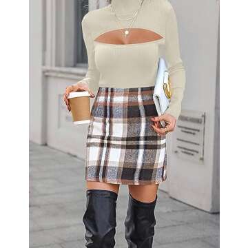 Chunpin Women's Ribbed Mock Turtleneck Long Sleeve Bodysuit Cutout Front High Neck Tops Beige Small