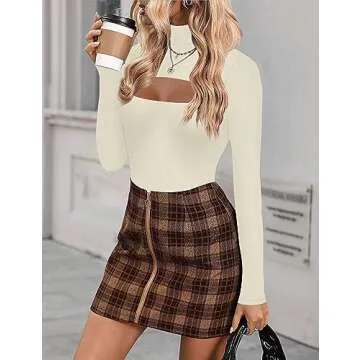 Chunpin Women's Ribbed Mock Turtleneck Long Sleeve Bodysuit Cutout Front High Neck Tops Beige Small