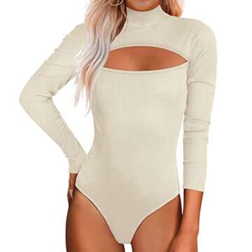 Chunpin Women's Ribbed Mock Turtleneck Long Sleeve Bodysuit Cutout Front High Neck Tops Beige Small