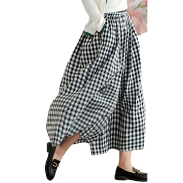 chouyatou Women's Cotton Linen Pants Elastic Waist Plaid Gingham Wide Leg Capri Palazzo Pants (Large...