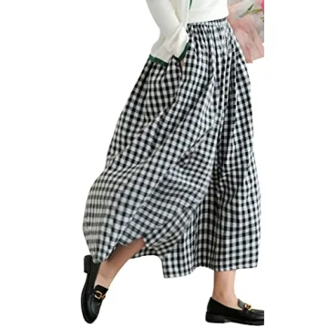 chouyatou Women's Cotton Linen Pants Elastic Waist Plaid Gingham Wide Leg Capri Palazzo Pants (Large...