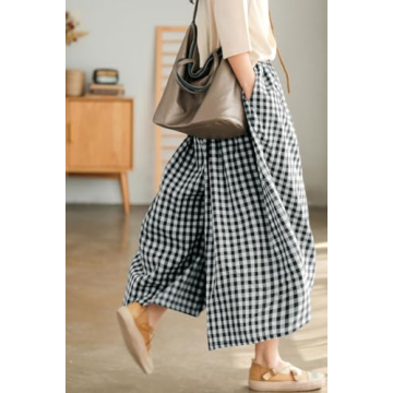 chouyatou Women's Cotton Linen Pants Elastic Waist Plaid Gingham Wide Leg Capri Palazzo Pants (Large, Black)