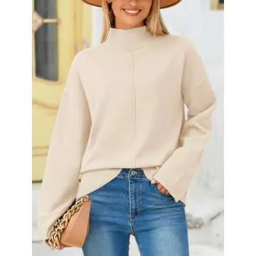 PRETTYGARDEN Womens Sweaters Fall 2024 Long Sleeve Ribbed Knit Pullover Loose Mock Neck Lightweight Casual Sweater Tops (Beige, Large)