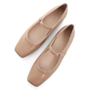 LUXINYU Mary Jane Flat Shoes for Women Square Toe Adjustable Ankle Strap Ballet Dance Shoes Comfortable School Uniform Shoes,Apricot 8