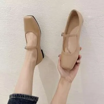 LUXINYU Mary Jane Flat Shoes for Women Square Toe Adjustable Ankle Strap Ballet Dance Shoes Comfortable School Uniform Shoes,Apricot 8