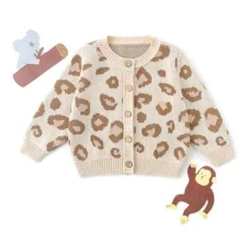 Simplee kids Baby Sweater Animal Leopard Printed Baby Cardigan for Autumn Fall 3-6 Months Brown