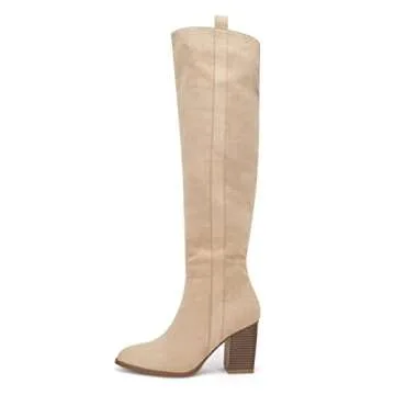 Ermonn Womens Faux Suede Side Zipper Pointed Toe Block Heel Stretch Over The Knee Thigh High Boots