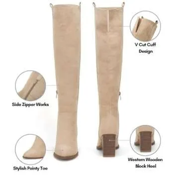 Ermonn Womens Faux Suede Side Zipper Pointed Toe Block Heel Stretch Over The Knee Thigh High Boots