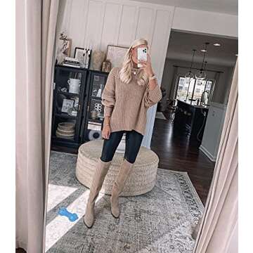 Ermonn Womens Faux Suede Side Zipper Pointed Toe Block Heel Stretch Over The Knee Thigh High Boots