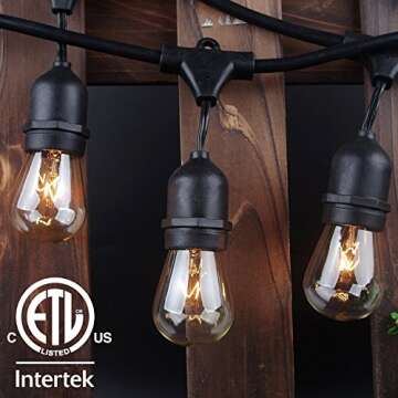 Lemontec Commercial Grade Outdoor String Lights with 15 Hanging Sockets - 48 Ft Black Weatherproof C...