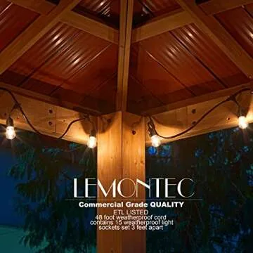 Lemontec Commercial Grade Outdoor String Lights with 15 Hanging Sockets - 48 Ft Black Weatherproof Cord Weatherproof Strand for Patio Garden Porch Backyard Party Deck Yard – S14 Black