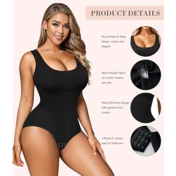 Nebility Womens' Waist Trainer Seamless Round Neck Tummy Control Shapewear Bodysuit (Black Round Nec...