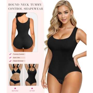 Nebility Womens' Waist Trainer Seamless Round Neck Tummy Control Shapewear Bodysuit (Black Round Neck Bodysuit, XS/S)