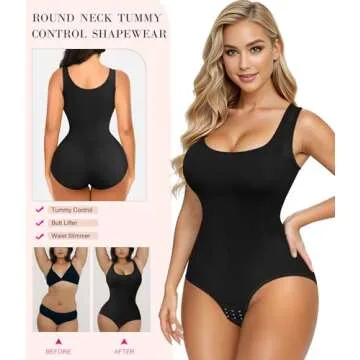 Nebility Womens' Waist Trainer Seamless Round Neck Tummy Control Shapewear Bodysuit (Black Round Neck Bodysuit, XS/S)