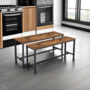 VASAGLE Dining Bench, Pair of 2, Industrial Style, Steel Frame, for Kitchen, Living Room, 12.8 x 42.5 x 19.7 Inches, Rustic Brown + Black，UKTB33X