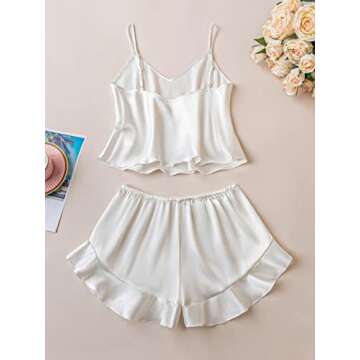 SOLY HUX Silk Pajamas Set for Women 2 Piece Sexy Satin Ruffled Pjs Cami Shorts Sets Sleepwear Solid White S