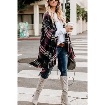 Bestshe Women's Boho Knitted Poncho with Tassels