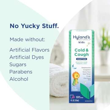 Hyland's Kids Cold and Cough, Nighttime Grape Cough Syrup Medicine for Kids Ages 4 and up, Decongestant, Sore Throat, and Sleeplessness Relief of Common Cold Symptoms, 4 Fl Oz