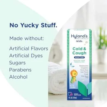 Hyland's Kids Cold and Cough, Nighttime Grape Cough Syrup Medicine for Kids Ages 4 and up, Decongestant, Sore Throat, and Sleeplessness Relief of Common Cold Symptoms, 4 Fl Oz
