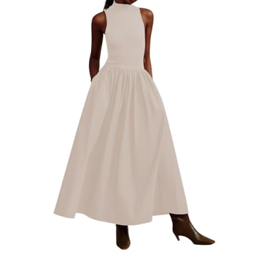 Dsewpaur Sleeveless Maxi Dress for Women Patchwork Turtleneck Pullover Dresses with Pockets Casual P...