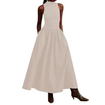 Dsewpaur Sleeveless Maxi Dress for Women Patchwork Turtleneck Pullover Dresses with Pockets Casual P...