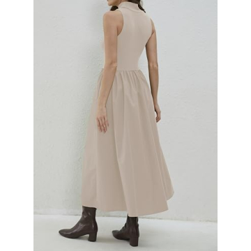 Dsewpaur Sleeveless Maxi Dress for Women Patchwork Turtleneck Pullover Dresses with Pockets Casual Plain Flowy Long Dress Apricot