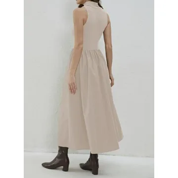 Dsewpaur Sleeveless Maxi Dress for Women Patchwork Turtleneck Pullover Dresses with Pockets Casual Plain Flowy Long Dress Apricot