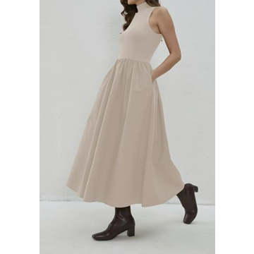 Dsewpaur Sleeveless Maxi Dress for Women Patchwork Turtleneck Pullover Dresses with Pockets Casual Plain Flowy Long Dress Apricot