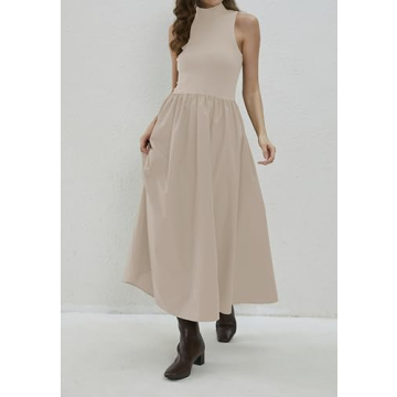 Dsewpaur Sleeveless Maxi Dress for Women Patchwork Turtleneck Pullover Dresses with Pockets Casual Plain Flowy Long Dress Apricot