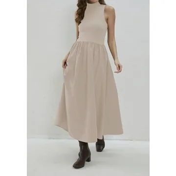 Dsewpaur Sleeveless Maxi Dress for Women Patchwork Turtleneck Pullover Dresses with Pockets Casual Plain Flowy Long Dress Apricot