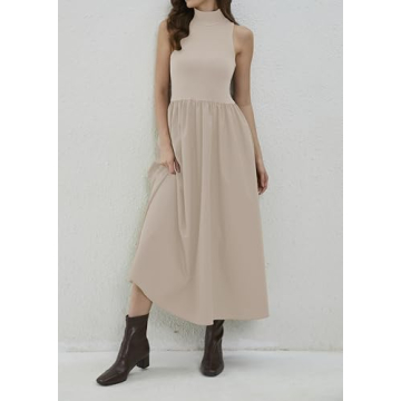 Dsewpaur Sleeveless Maxi Dress for Women Patchwork Turtleneck Pullover Dresses with Pockets Casual Plain Flowy Long Dress Apricot